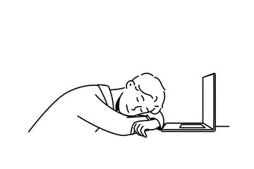 Wall Mural - Exhausted young man fall asleep on desk near computer. Tired male employee nap at table in office. Work burnout and fatigue. Vector illustration. 