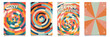 © fim.design - Retro poster backgrounds. Colorful Archimedean spiral, groovy twisted backdrop and hippie swirl stripes vector set