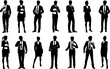 Silhouette business people set. Men and women, smartly dressed, some with clipboards.