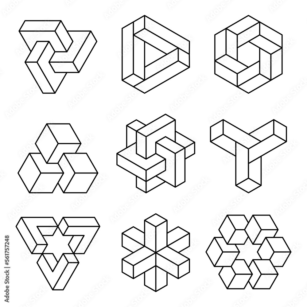 Impossible shapes set line icon. Optical illusion geometry group. Visual  perception trick. Penrose geometric objects. Esher impossible figures  outline collection. Vector illustration, flat, clip art. Stock Vector |  Adobe Stock, image size:1000x1000