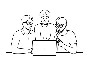 Wall Mural - Smiling male colleagues look at computer screen brainstorming together. Happy coworkers cooperate working on laptop at workplace. Teamwork. Vector illustration. 