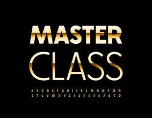 Vector modern Emblem Master Class. Elegant Golden Font. Artistic Alphabet Letters, Numbers and Symbols.