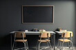 © The 2R Artificiality - Empty school classroom interior with desks and chairs, space for text on chalkboard. Modern schoolroom with furniture. Generative AI
