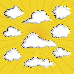 Sky with sun and white cartoon cloud set. Vector illustration.