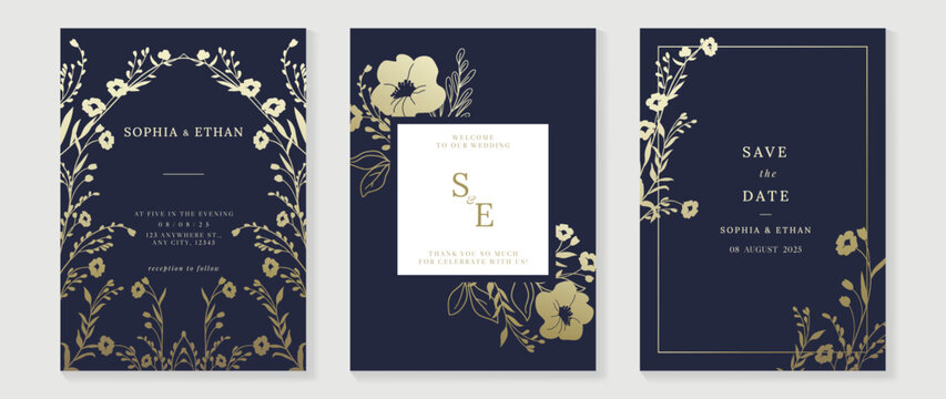 Luxury wedding invitation card background vector. Golden texture botanical flower leaf branch with geometric frame template background. Design illustration for wedding and vip cover template, banner.
