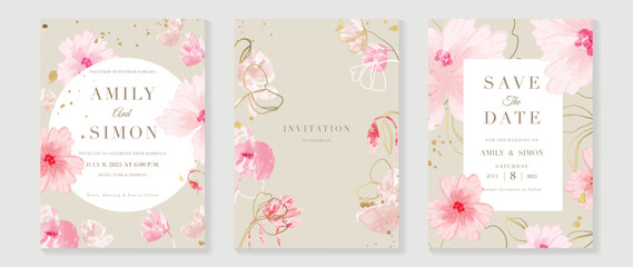 Wall Mural - Luxury wedding invitation card background vector. Watercolor blooming flower and golden texture line art with geometric frame template. Design illustration for wedding and vip cover template, banner.