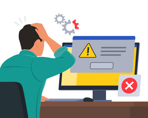 Man reading an error message notification on the computer screen