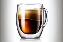 Espresso coffee in a transparent double wall glass mug, isolated on a white backdrop. Generative AI