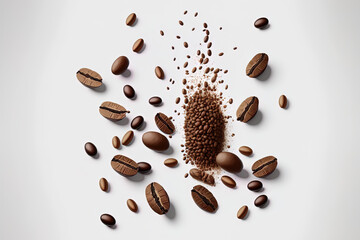 Poster - levitated coffee beans on a white backdrop. Generative AI