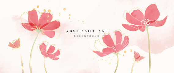 Wall Mural - Abstract art background vector. Luxury watercolor flowers with gold line art and ink splatter texture background. Art design illustration for wallpaper, poster, banner card, print, web and packaging. 