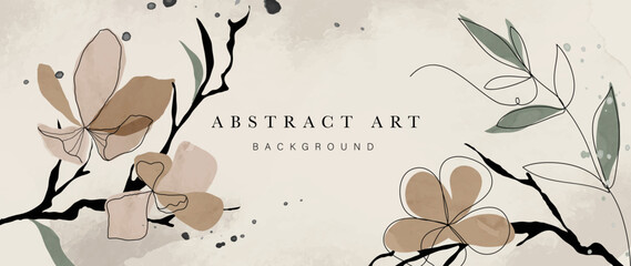 Wall Mural - Abstract art background vector. Hand drawn watercolor flowers and line art painting minimal style background. Art design illustration for wallpaper, poster, banner card, print, web and packaging. 
