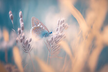 Gentle Natural Background In Pastel Colors With A Soft Focus Of Blue Shades. Wild Meadow Grass And Butterfly In Spring In Nature Macro. Beautiful Summer Meadow, Inspiration Nature. Generative AI