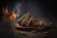 Grilled Pork Ribs With BBQ Sauce, Spices And Rosemary, Open Fire Behind - Generative AI