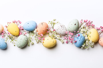 Wall Mural - Easter composition of colorful quail eggs and spring flowers over white background. Springtime holidays concept with copy space. Top view