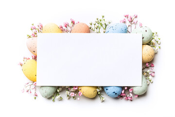 Wall Mural - Easter composition of Easter quail eggs, flowers, paper blank over white background. Spring holidays concept with copy space. Top view
