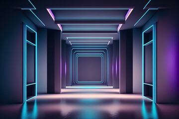 Canvas Print - Space Shape with Purple and Blue Glowing Neon Tubes in a Futuristic Sci Fi Modern Empty Stage Reflective Concrete Room Wallpaper Background Illustration. Generative AI