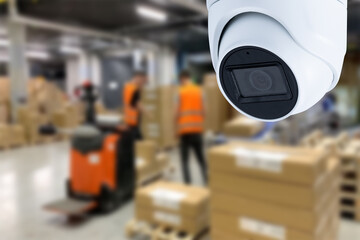 Wall Mural - CCTV Camera Operating inside warehouse or factory. Copy space.