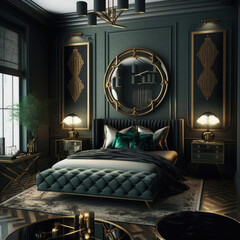 Modern luxurious bedroom, retro futuristic