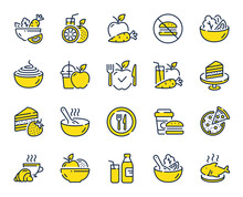 Meal Line Icons. Vegatable Dish, Poke Bowl Food And Healthy Salad Set. Pizza, Pasta Spaghetti Bowl And Burger Line Icons. Breakfast Meal, Vegetable Salad And Fish. Apple And Carrot Fresh Juice. Vector