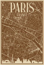 Brown Hand-drawn Framed Poster Of The Downtown PARIS, FRANCE With Highlighted Vintage City Skyline And Lettering