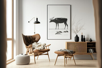 Wall Mural - Stylish scandinavian composition of living room with design armchair, black mock up poster frame, commode, wooden stool, book, decoration, loft wall and personal accessories in modern home decor