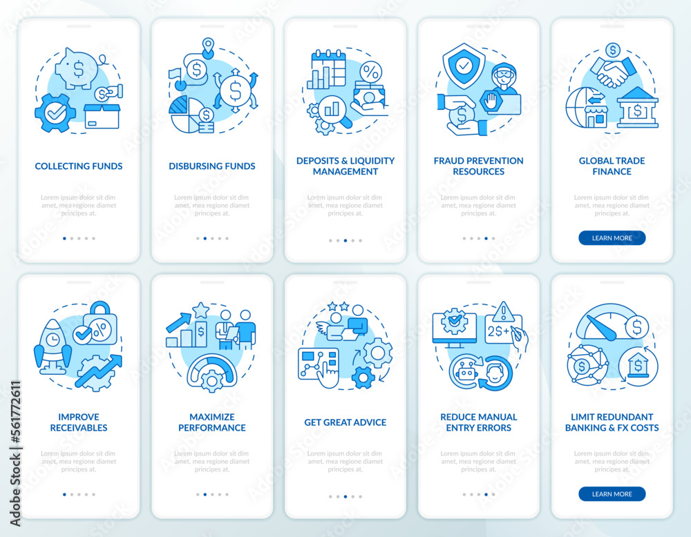 Treasury management blue onboarding mobile app screen. Walkthrough 5 ...