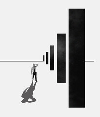 Contemporary art collage. Creative design. Businessman standing ear many blocks symbolizing new professional path. Choosing. Surreal artwork. monochrome