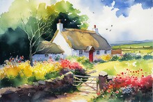 A Traditional Thatched Roof Old Village English Cottage House Morning Watercolor Painted Vintage Style Garden Wildflowers, Generative Ai