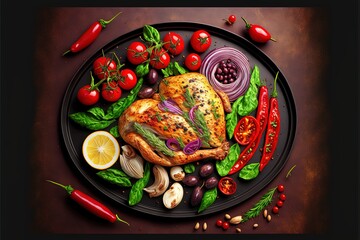 Grilled chicken with tomatoes, red peppers, organic green and kalamata olives, red onions, fresh rocket and lettuce and rosemary. Concept for delicious and healthy food, by AI Generate