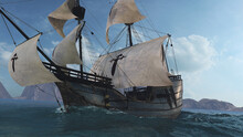 The NAO VICTORIA Is The Flag Ship Of The MAGELLAN Armada. A Scientific 3D-reconstruction Of A Spanish Galleon Fleet In 1521 AD. Sails Ahead Of The Global Circumnavigational Expedition