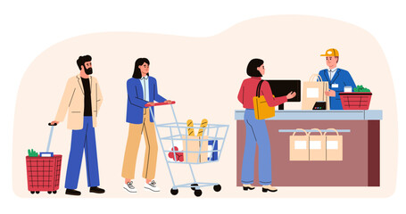 Wall Mural - Hypremarket line. People standing in a queue with a shopping basket, shopping cart in the supermarket. Customers of the shop at the cash register. Flat vector illustration.