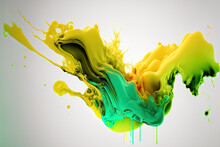 Green And Yellow. Explosion Of Neon Hued, Fluid, And Colored Liquids On A Copyspace Enhanced White Studio Background. Contemporary, In Style Colors. Festival, Fashion, And Beauty Ideas A Rainbow Of Co