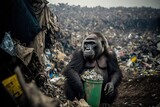Fototapeta  - Gorilla auf einer Müllhalde, Umweltverschmutzung - ai generiert