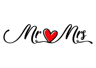 Poster - Logo aislado con palabra Mr and Mrs en texto manuscrito con silueta de corazón para su uso en invitaciones y tarjetas