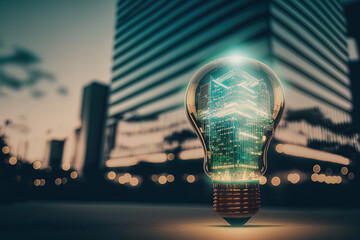 Virtual creative light bulb with chip hologram on blurry office buildings background, artificial Intelligence and neural networks concept. Multiexposure. Generative AI