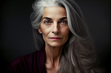 Woman with grey hair portrait. Generative AI illustration