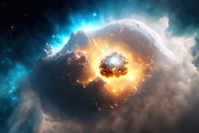 Fictional Hydrogen Nebula, A White Earth Cloud, A Deep Star Concept, And An Explosion With A Meteorite Are All Depicted In This Stock Photo. This Image's Components Were Provided By NASA. Generative
