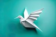 Copy Space Next to a White Origami Bird on a Turquoise Background. Folded paper bird with a simple design. Generative AI