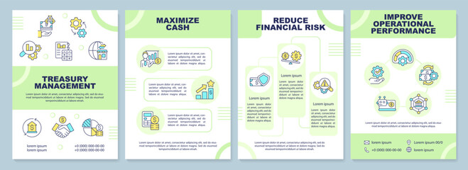 Treasury management green brochure template. Leaflet design with linear icons. Editable 4 vector layouts for presentation, annual reports. Arial-Black, Myriad Pro-Regular fonts used