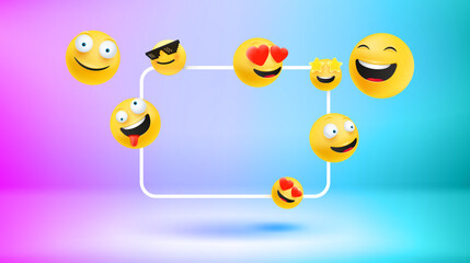 Aufkleber - Poster template with emojis and empty frame. New messages concept. Vector 3d banner 