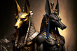 pictures of the Egyptian gods Anubis and Horus in the background. Generative AI