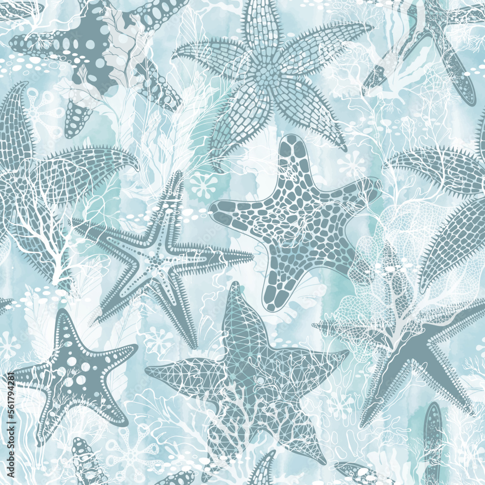 Abstract seamless pattern on the marine theme with underwater plants ...