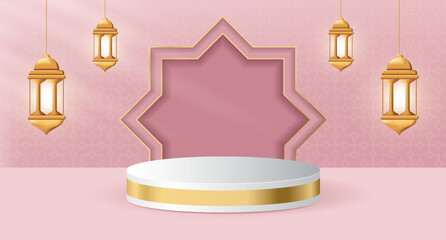 Wall Mural - 3d product display podium themed islamic with lantern for ramadan. Islamic 3d display podium decoration with realistic lantern. Vector illustration