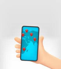 Aufkleber - Cartoon hand holding modern smartphone with navigation application. World travel concept. 3d vector illustration with copy space
