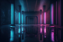 Illustration Of A Futuristic Sci Fi Dark Room With Blue And Purple Neon Glow Tubes On A Grungy Concrete Floor With Reflections. Generative AI