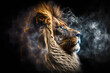 Artistic drawing of a lion with smoke around. Portrait style. Generative AI. 