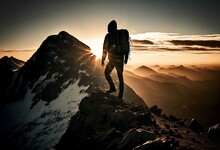 Image Of A Man Reaching The Summit Of A Mountain, With The Sun Setting Behind Him, Representing The Idea Of Achieving A Goal After Hard Work And Perseverance (AI)