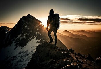 image of a man reaching the summit of a mountain, with the sun setting behind him, representing the idea of achieving a goal after hard work and perseverance (AI)