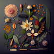 Neatly organized flowers, knolling of flowers, isolated flower flatlay, generative ai, dark background