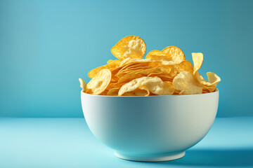 Wall Mural - Crisps or potato chips in a white bowl against a blue background. Generative AI